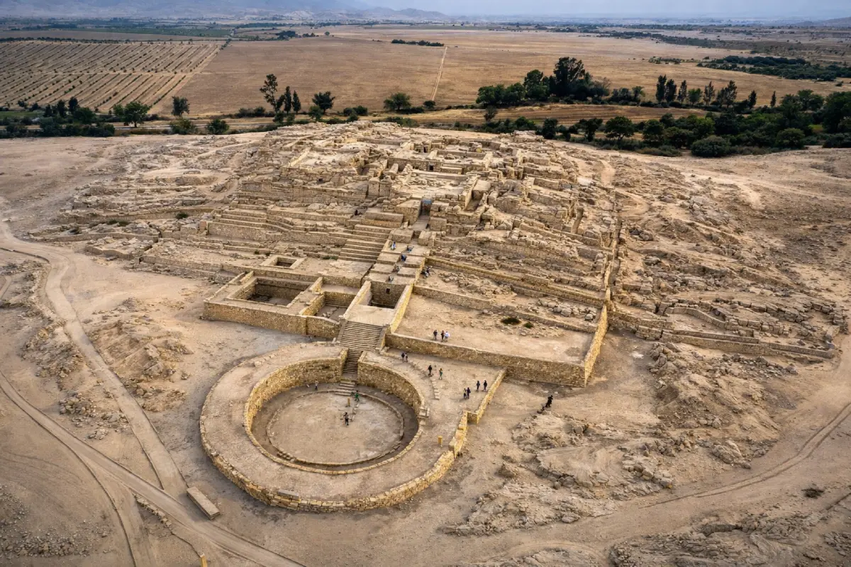 Vista aérea de la Ciudad Sagrada de Caral en el valle de Supe, con sus pirámides, plazas circulares y estructuras monumentales en un paisaje desértico.