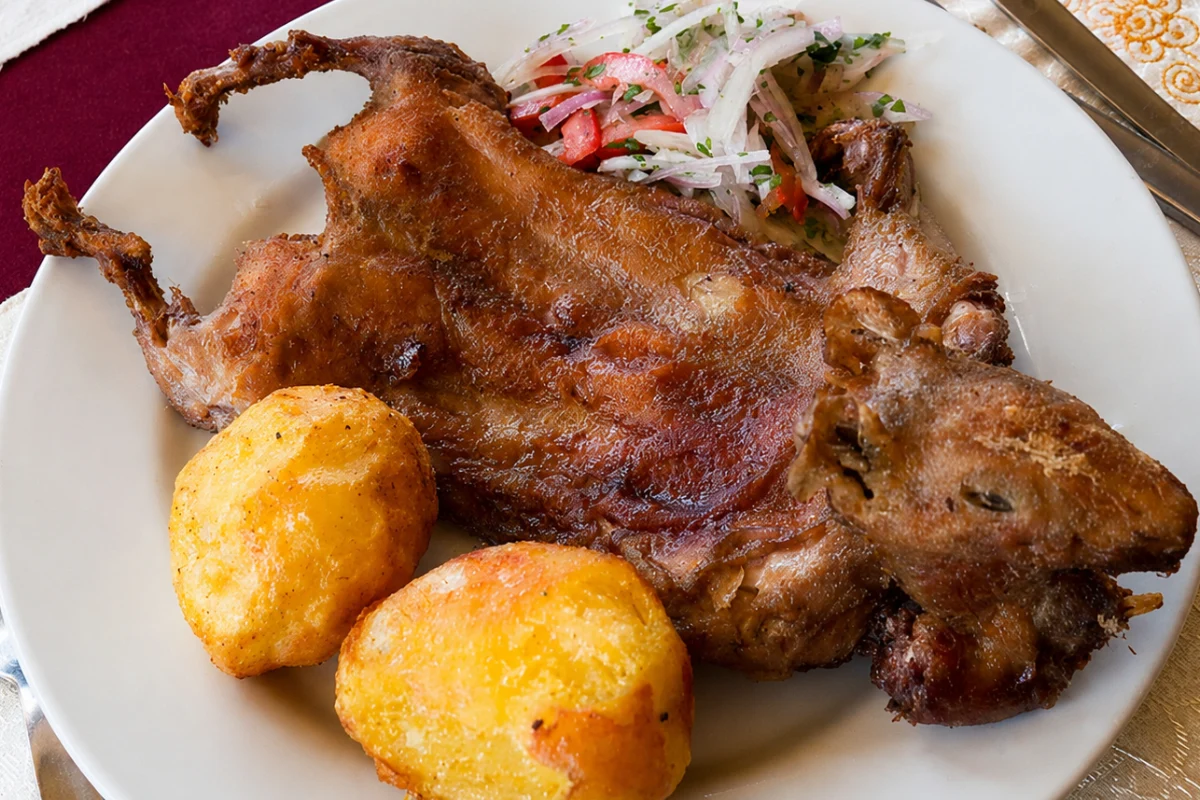 Plato de cuy frito servido con papas doradas