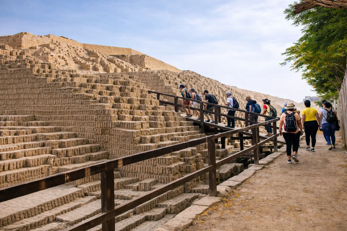 Grupo de personas caminando por una pasarela junto a las estructuras de adobe de Huaca Pucllana, antiguo centro ceremonial preinca ubicado en Miraflores.
