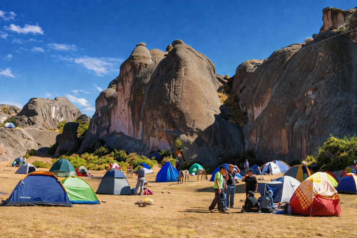 Carpas de campamento en Marcahuasi frente a grandes formaciones rocosas bajo un cielo despejado en la sierra de Lima
