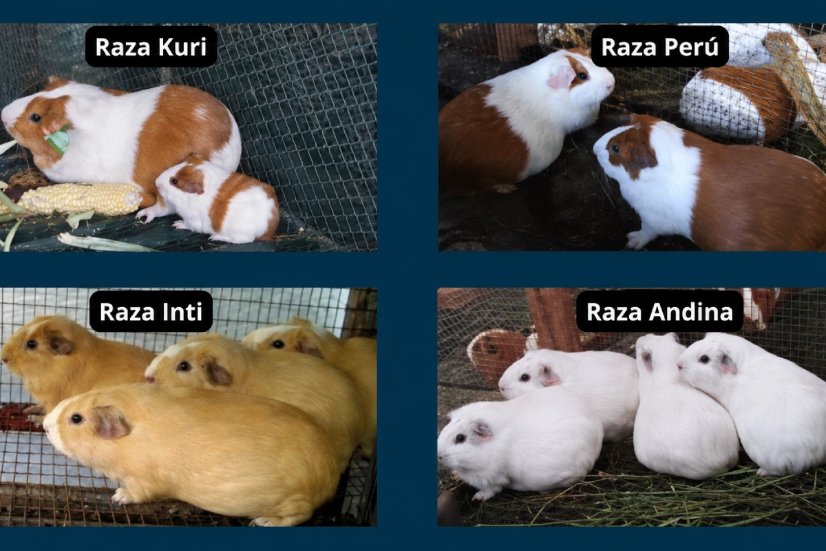 Imagen comparativa de las razas de cuy Kuri, Perú, Inti y Andina