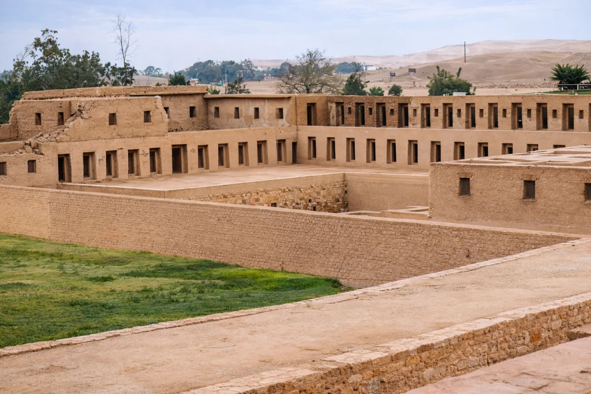 Estructuras de adobe y recintos del Santuario Arqueológico de Pachacamac, en Lurín, uno de los principales centros ceremoniales de la costa central del Perú.