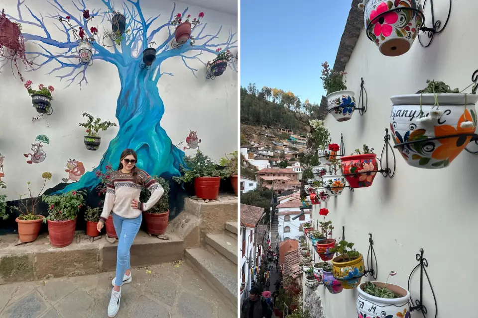 Mural colorido con árbol azul y macetas en la calle Siete Borreguitos
