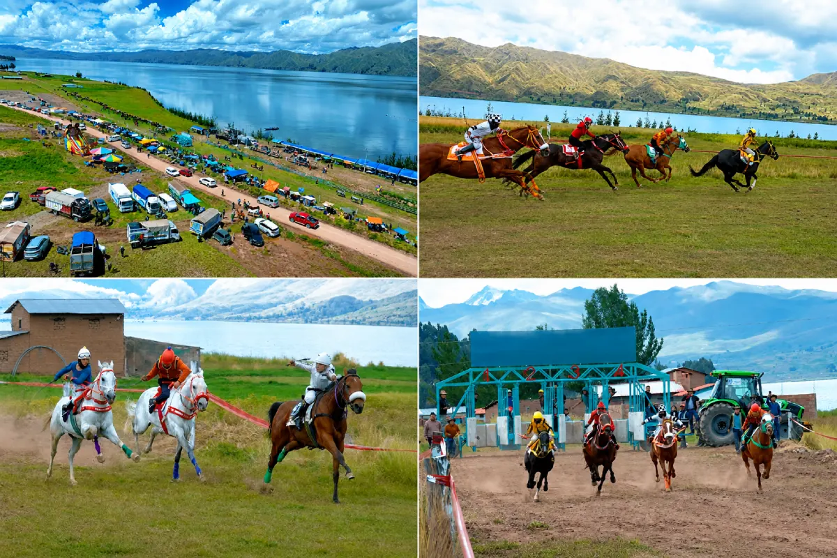 Carrera de caballos en Langui, Canas, con jinetes participando cerca de la laguna