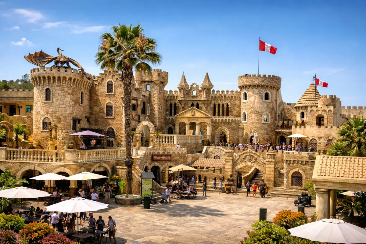 Vista del Castillo de Chancay, un complejo turístico de arquitectura llamativa con recorridos, terrazas y espacios temáticos