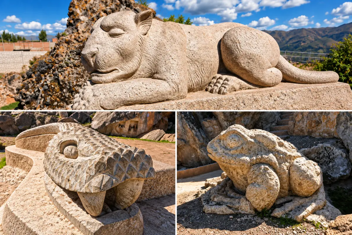Esculturas de un puma, una serpiente y un sapo relacionadas con la cosmovisión andina