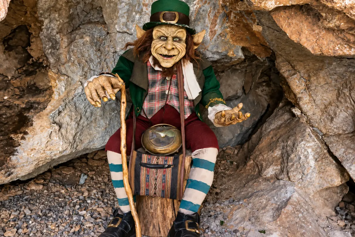 Figura del Duende Maldito con sombrero verde y expresión aterradora entre las rocas
