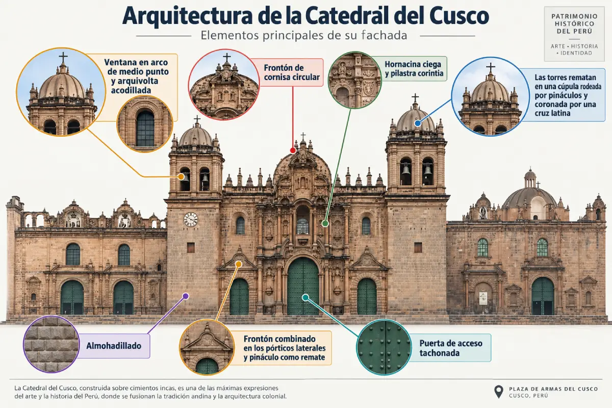 Infografía de la fachada de la Catedral del Cusco que identifica campanarios, cúpulas, frontones, pilastras corintias, almohadillado y puertas tachonadas