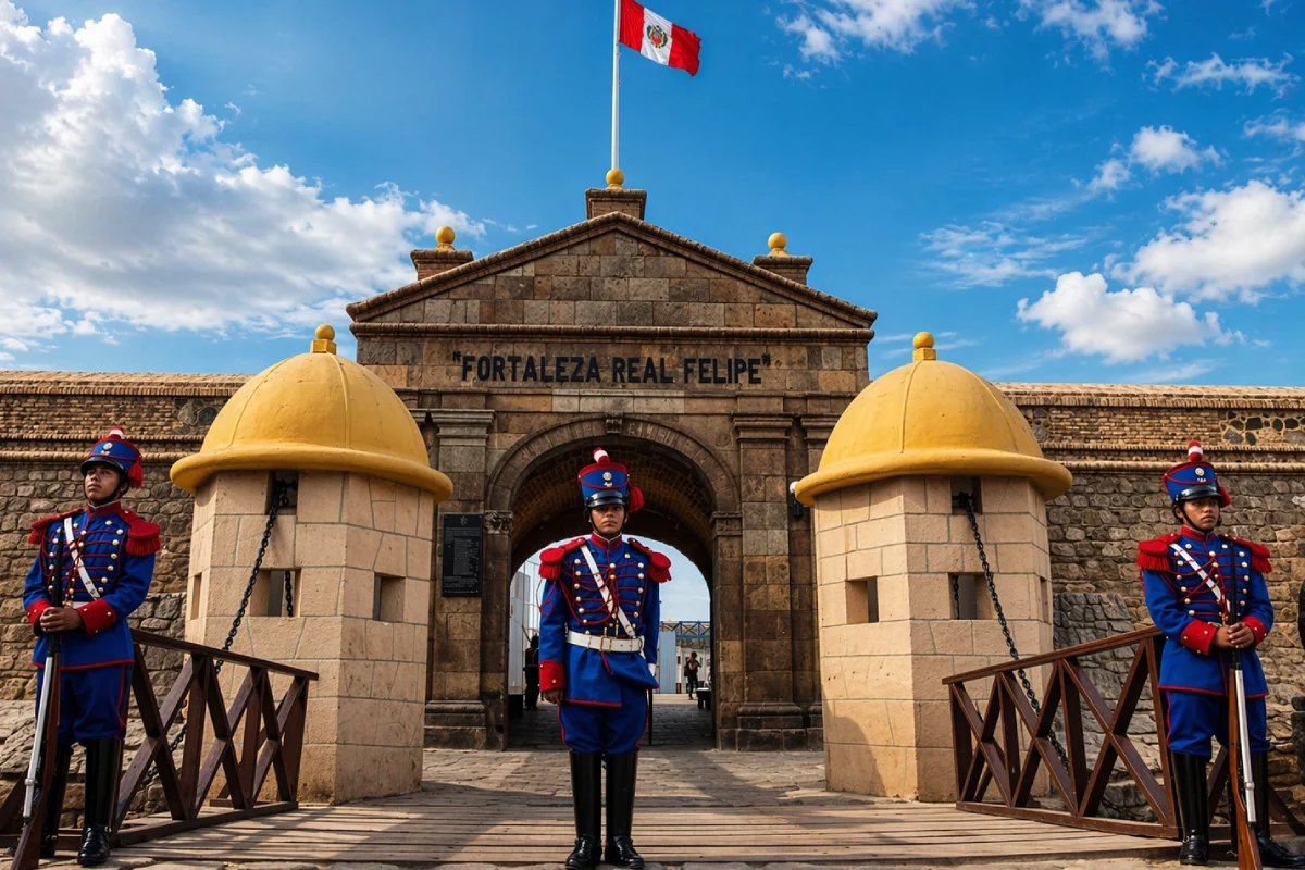 Entrada principal de la Fortaleza Real Felipe en el Callao, con guardias de honor, murallas de piedra y la bandera del Perú sobre la fortaleza.