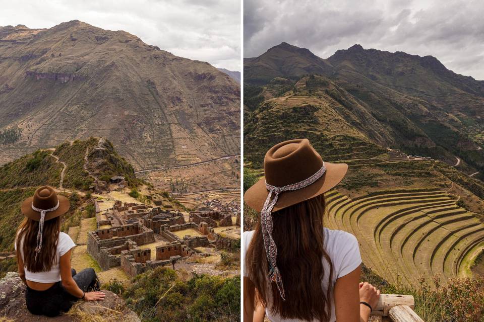 Turista frente al Intihuatana en Pisac y sus terrazas agrícolas