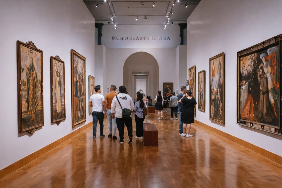 Interior del Museo de Arte de Lima (MALI) con visitantes recorriendo una sala de exposición con pinturas históricas en el Palacio de la Exposición.