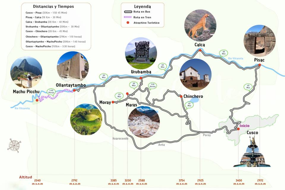 Mapa turístico de Cusco con conexión al Valle Sagrado y Machu Picchu