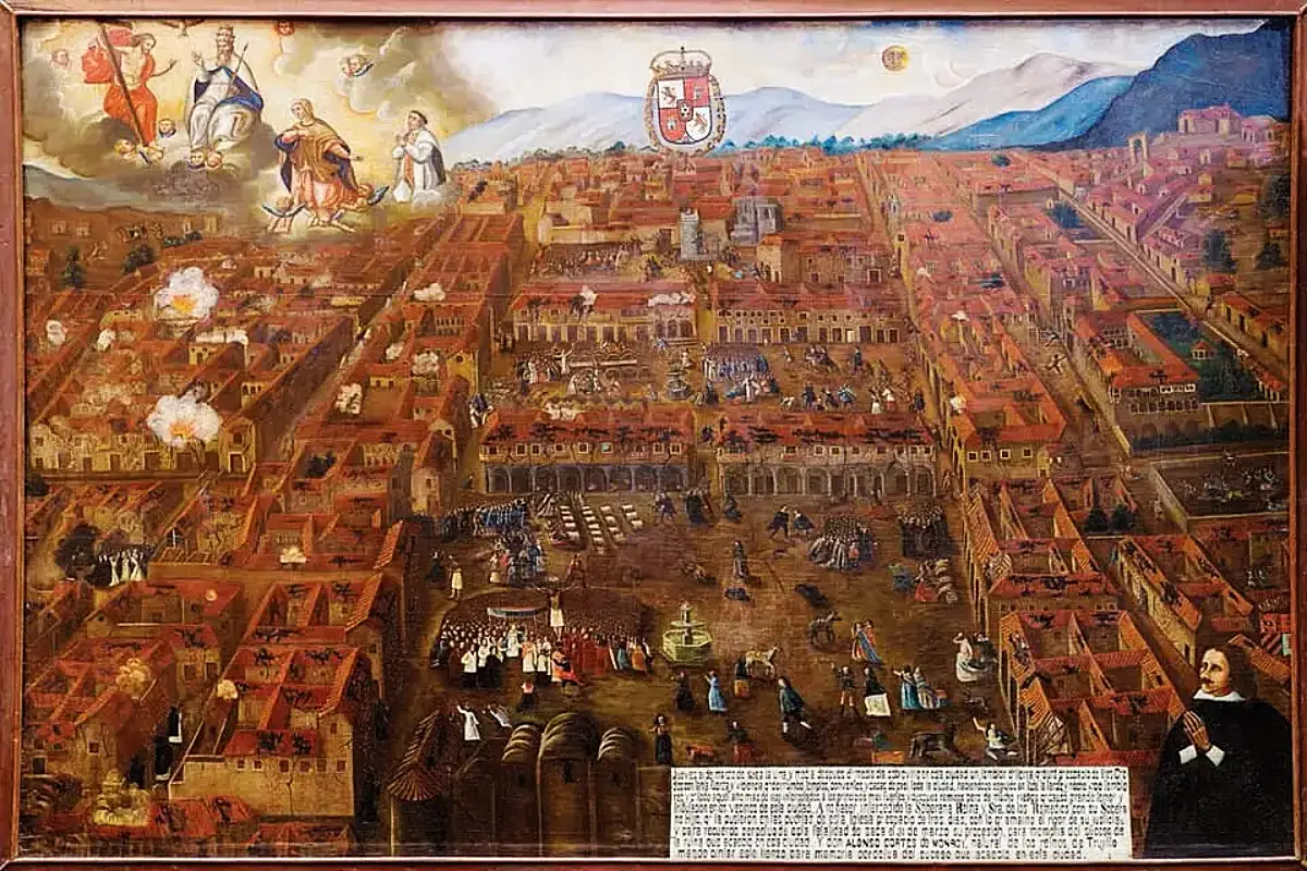 Lienzo Panorama de Monroy que representa el terremoto del Cusco de 1650, con edificios dañados, escenas religiosas y una procesión