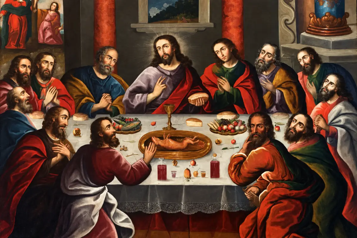 Pintura La Última Cena de Marcos Zapata, con Jesús y sus doce apóstoles alrededor de una mesa con un cuy servido en una bandeja